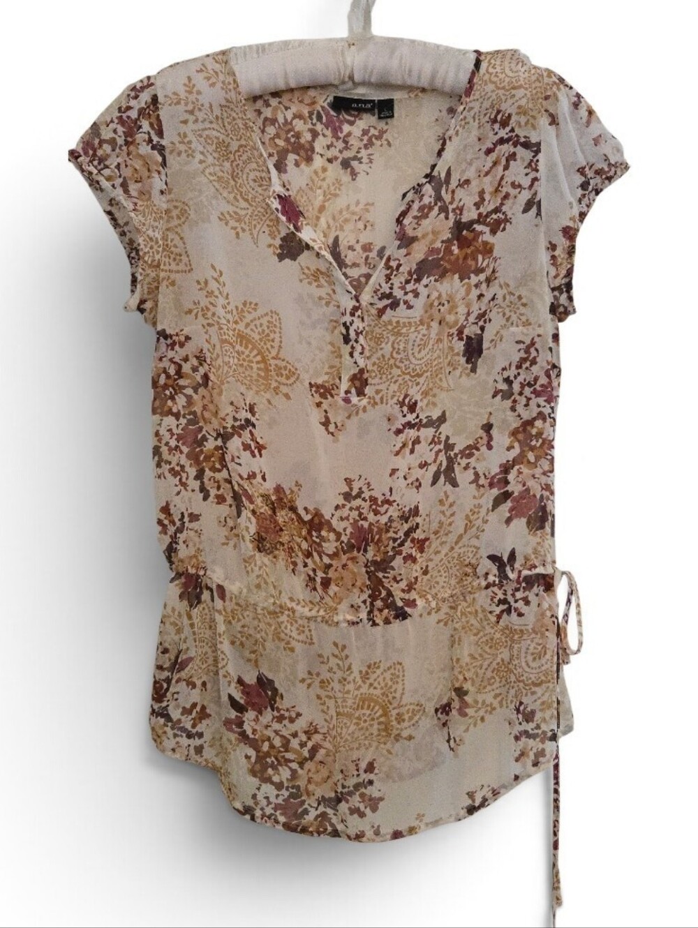 a.n.a Beige Floral Tie-Side Short Sleeve Blouse